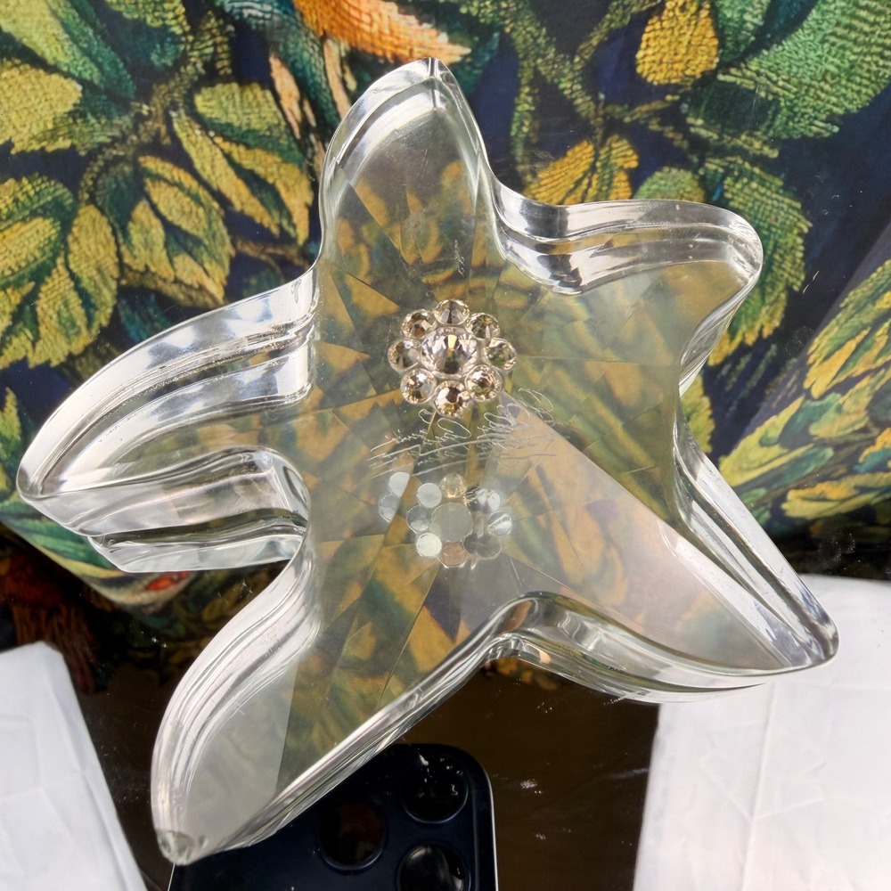 Oleg Cassini Signed Crystal Starfish Paperweight Rhinestone Trinket Dish Clear